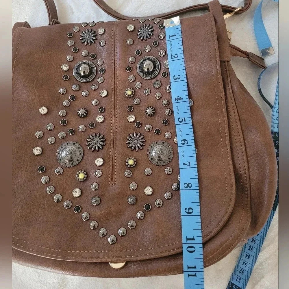 Cognac brown large Hobo studded flap rustic western cowgirl crossbody purse bag - Picture 11 of 14